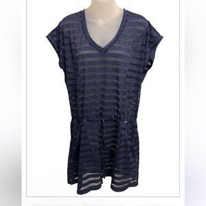 Calvin Klein Women's Open-Knit Striped Tunic SwimWear Navy Blue Medium CoverUp